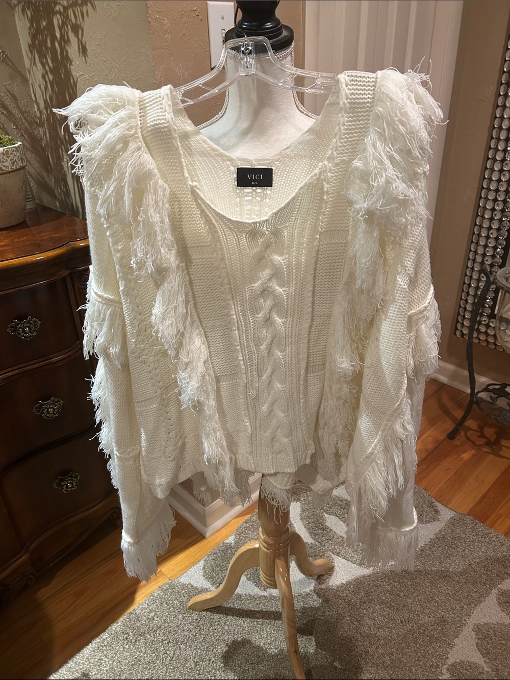 Vici White Fringe Cable Knit Pullover M/L